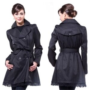 Betsey Johnson Trench Coat Black Large Belted Lace Accent Double Breasted